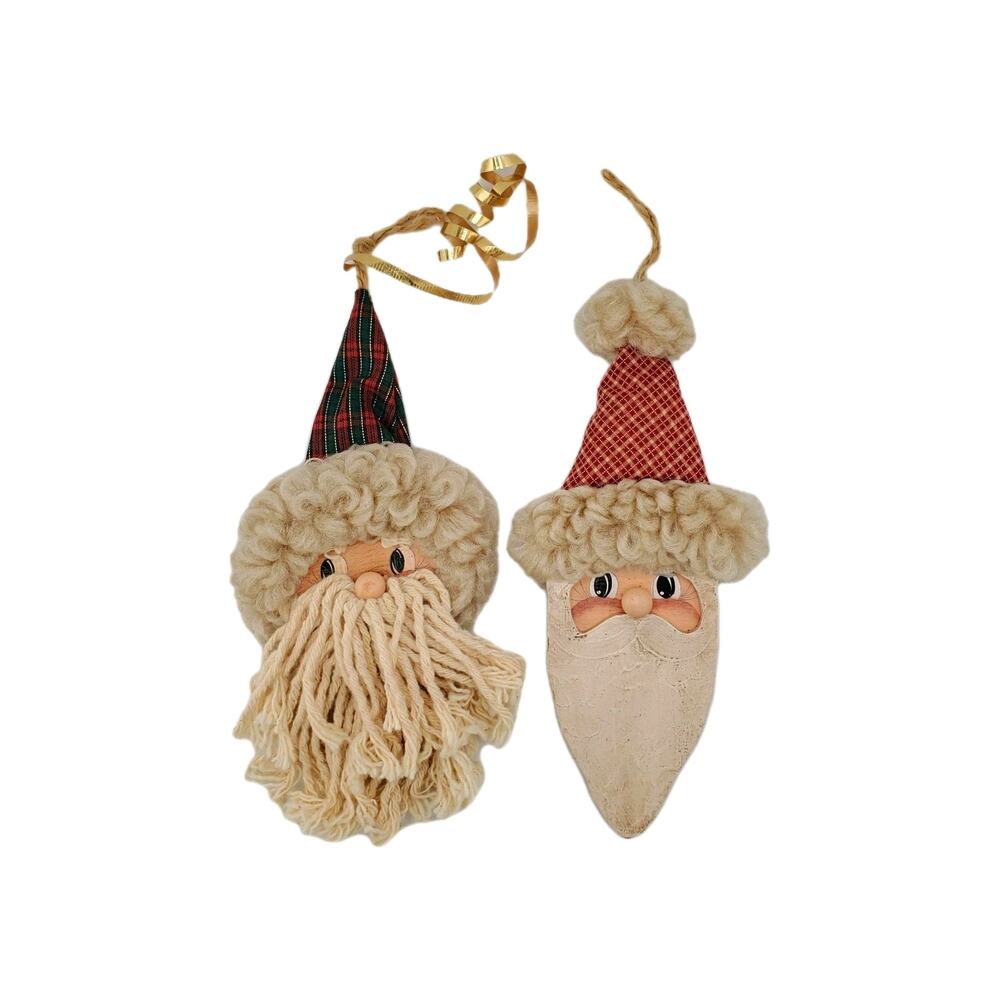 Vintage 92 Handmade Signed Santa Claus Ornaments X2 Hand-Painted Christmas Cute